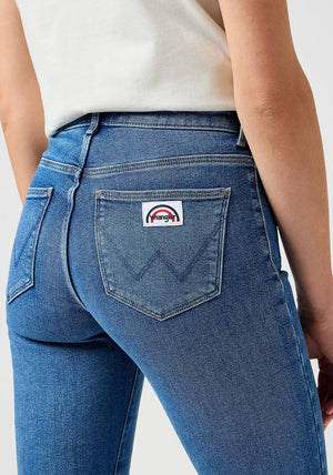 Wrangler Raven Pocket Detail Flare Jeans, Medium Blue