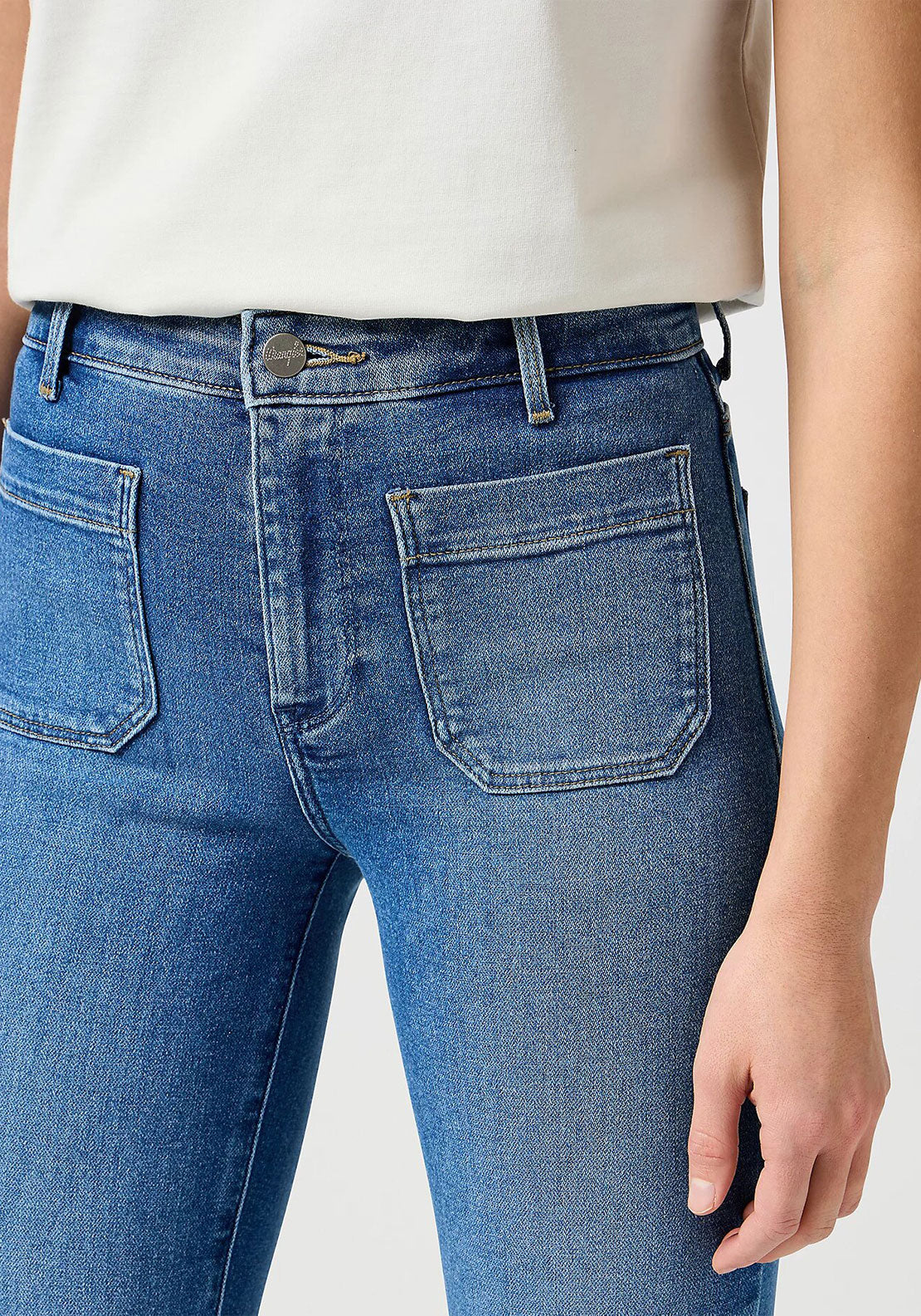 Wrangler Raven Pocket Detail Flare Jeans, Medium Blue