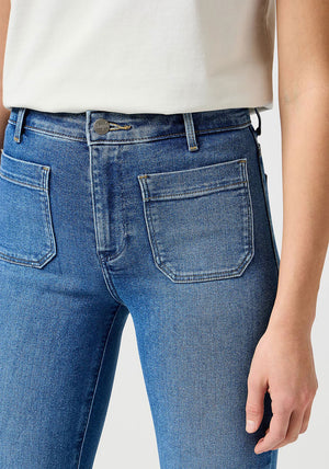 Wrangler Raven Pocket Detail Flare Jeans, Medium Blue