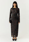 YAS Marena Mesh with Floral Jacquard Detail Maxi Dress, Brown Multi