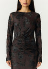 YAS Marena Mesh with Floral Jacquard Detail Maxi Dress, Brown Multi