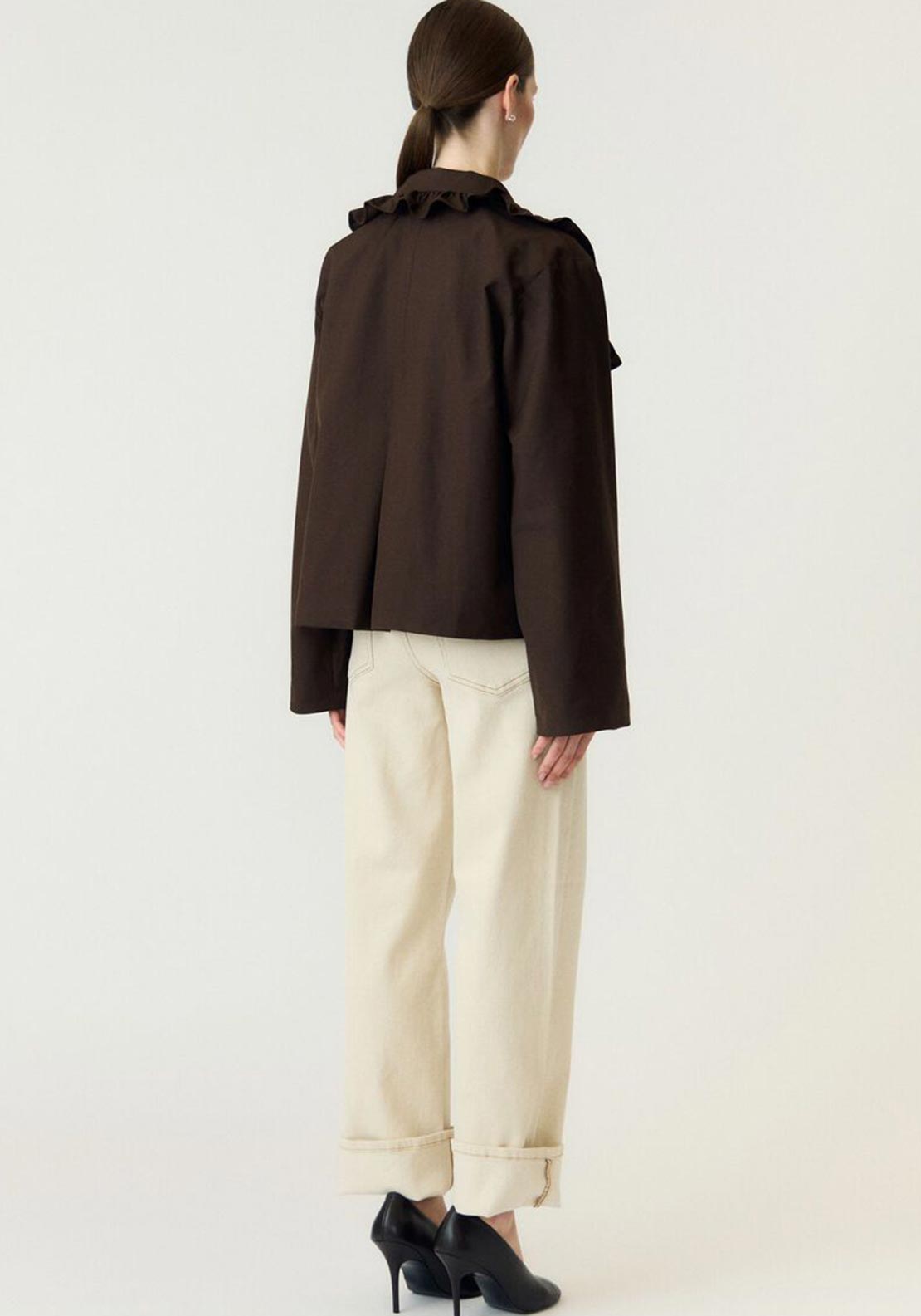 YAS Elsia Cropped with Frill Detail Trenchcoat, Brown