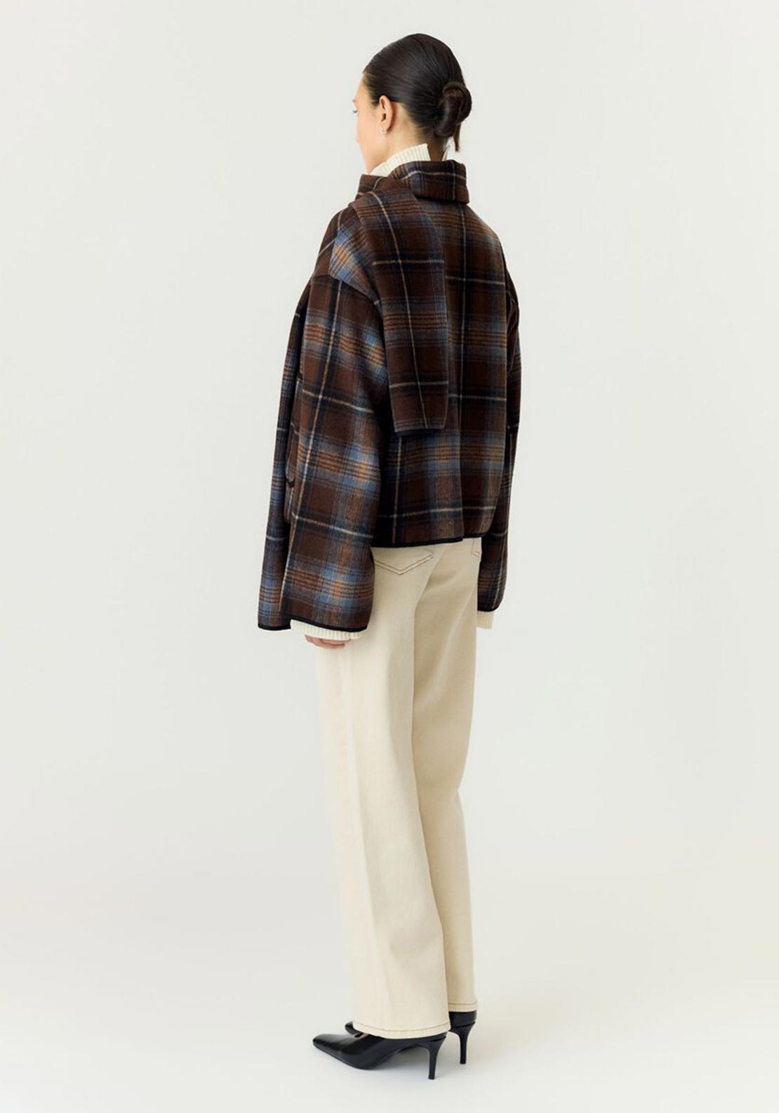 YAS Calino Checked with Scarf Detail Coat, Brown Multi