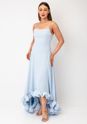 YAS Cream Ruffle Trim Maxi Dress, Sky Blue