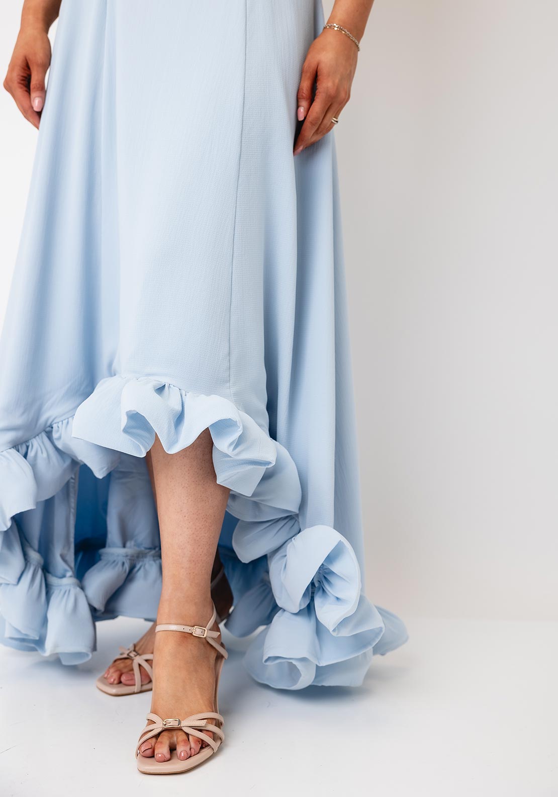 YAS Cream Ruffle Trim Maxi Dress, Sky Blue