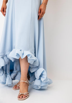 YAS Cream Ruffle Trim Maxi Dress, Sky Blue
