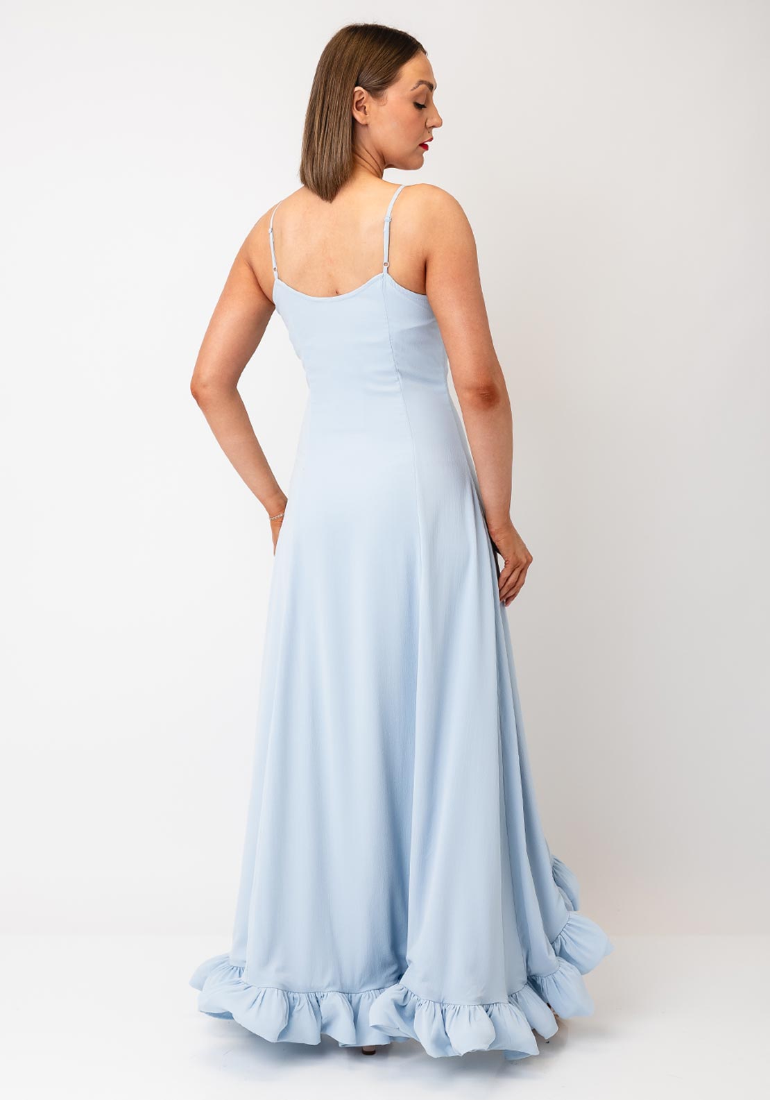 YAS Cream Ruffle Trim Maxi Dress, Sky Blue