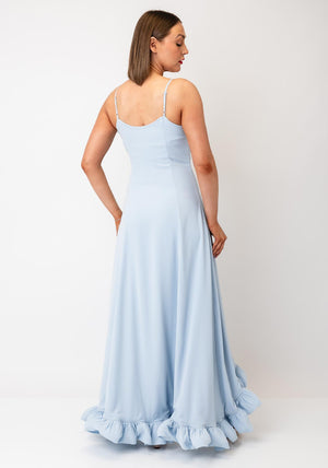 YAS Cream Ruffle Trim Maxi Dress, Sky Blue