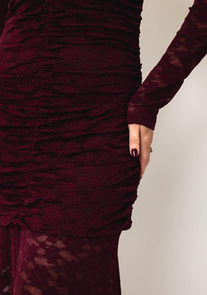 YAS Talo Long Sleeve Lace Midi Dress, Wine