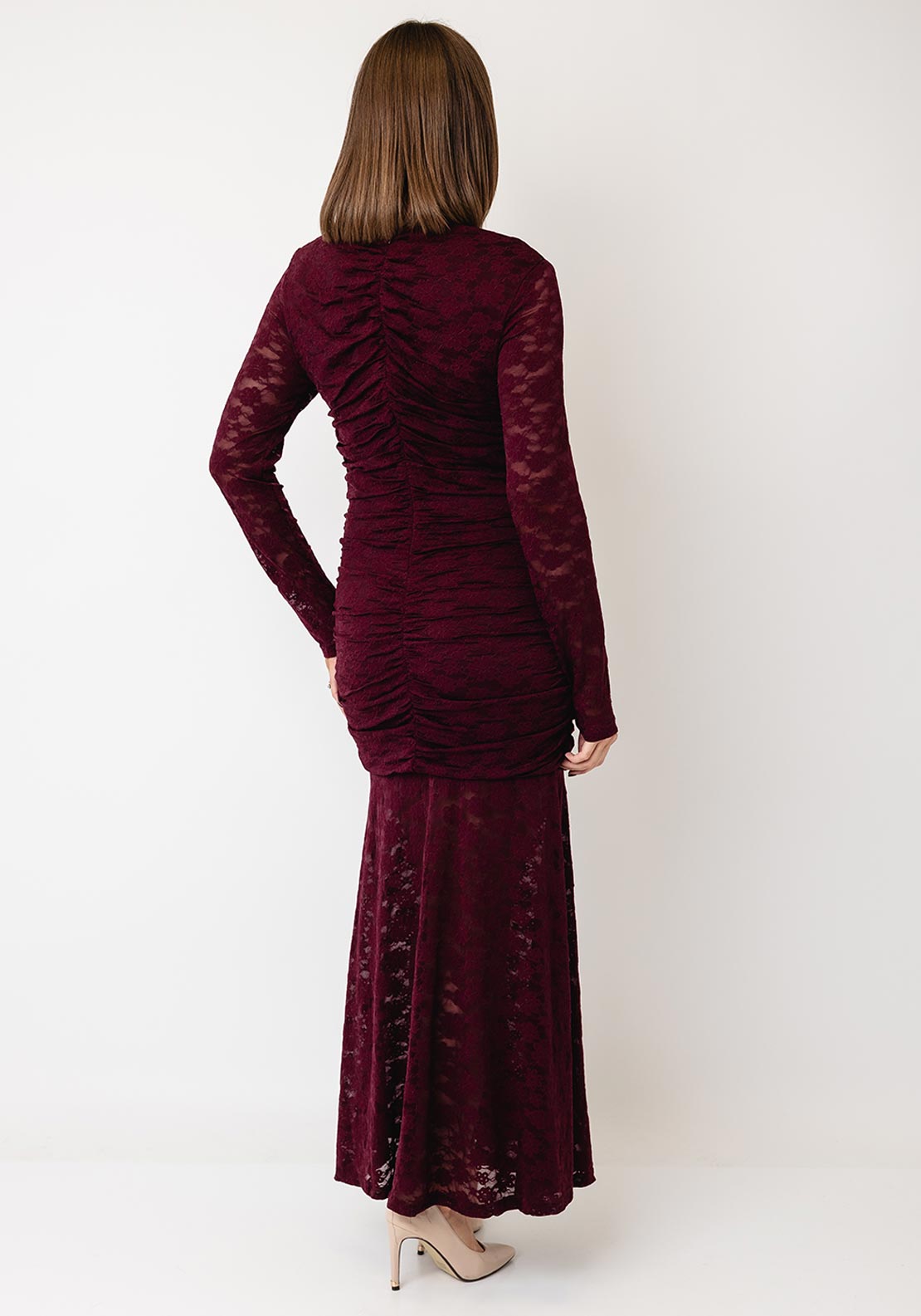YAS Talo Long Sleeve Lace Midi Dress, Wine