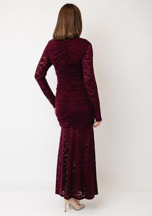 YAS Talo Long Sleeve Lace Midi Dress, Wine
