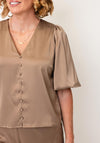 YAS Pella Puffed Sleeve Satin Top, Beige