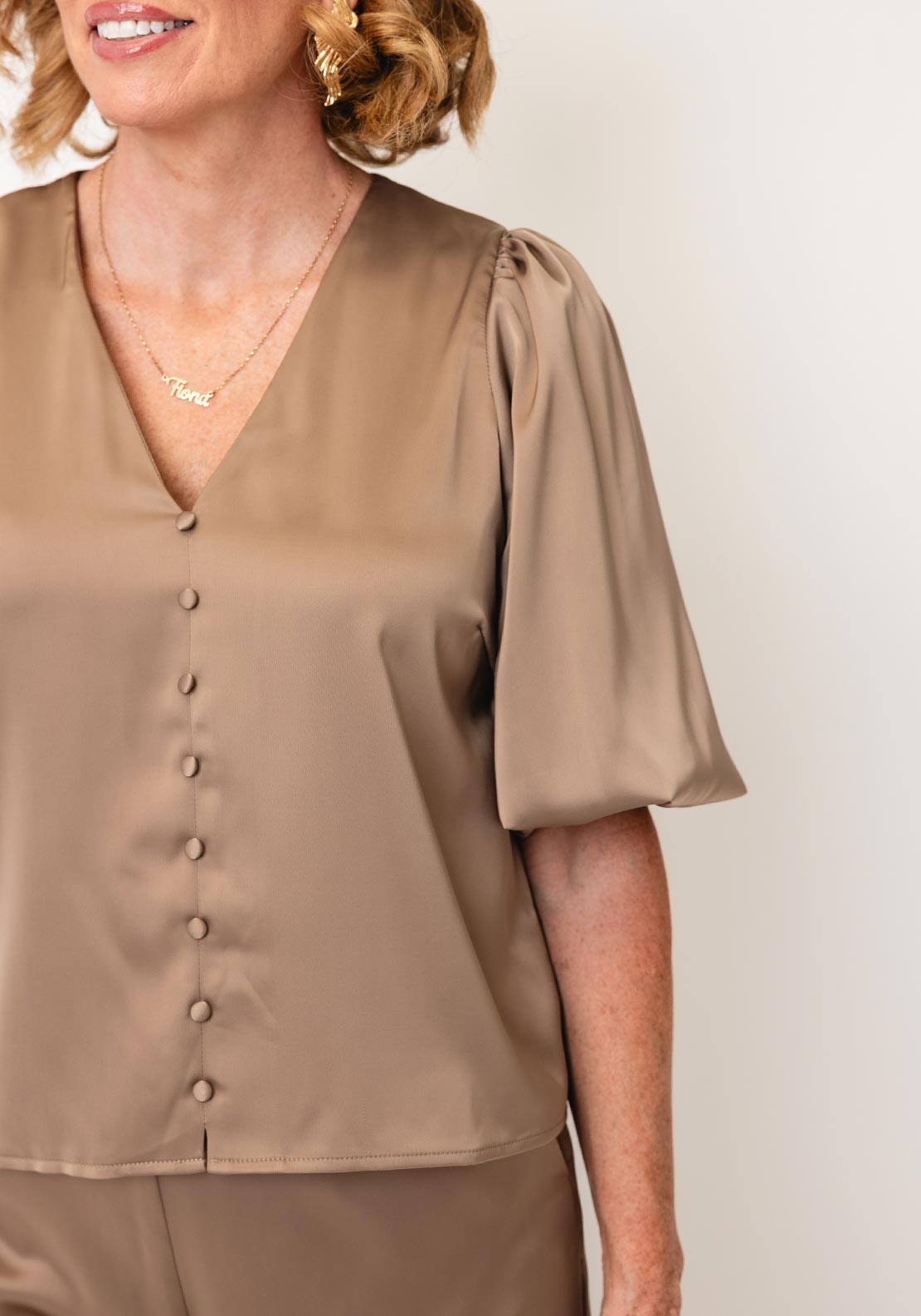 YAS Pella Puffed Sleeve Satin Top, Beige