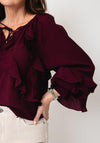 YAS Temara Ruffle Detail Long Sleeve Top, Wine