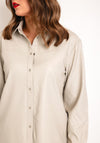YAYA Button Up Faux Leather Blouse, Silver Lining Beige