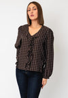 YERSE Ruffle Detail Striped V Neck Shirt, Brown