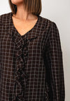 YERSE Ruffle Detail Striped V Neck Shirt, Brown