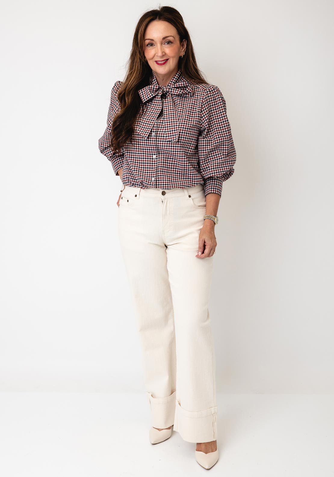 YERSE Checked Button Up with Scarf Detail Shirt, Blue Multi