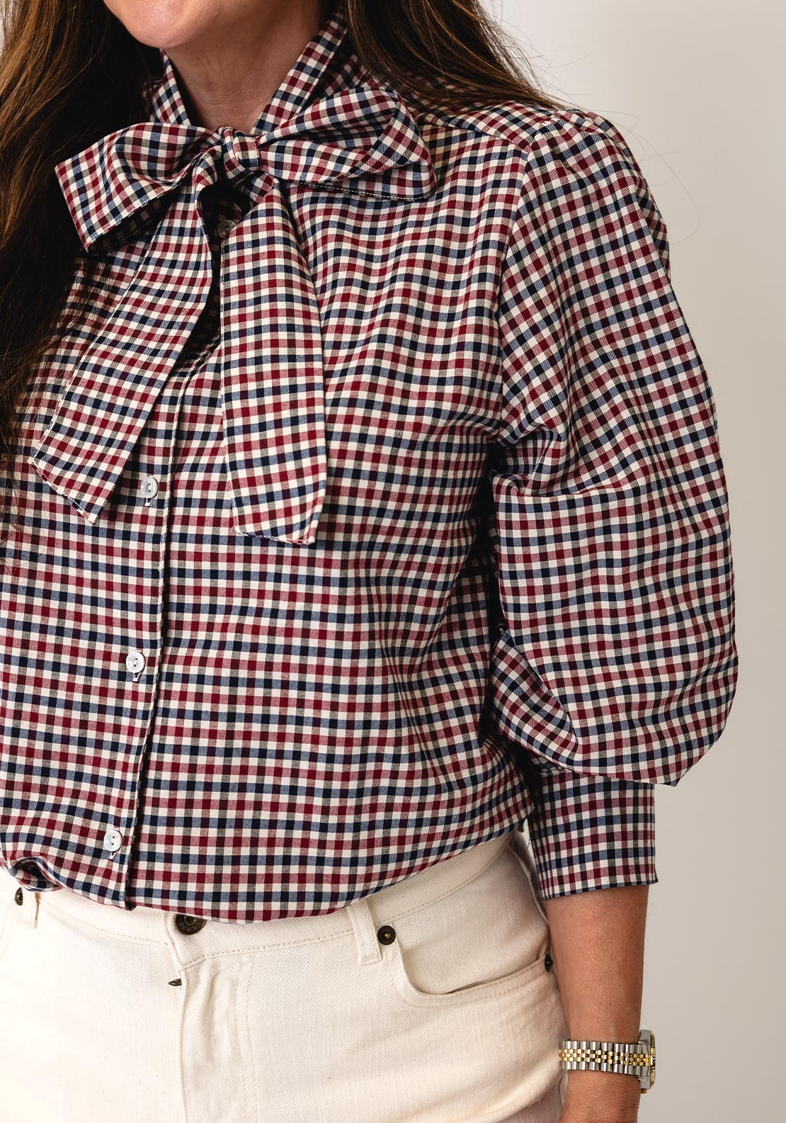 YERSE Checked Button Up with Scarf Detail Shirt, Blue Multi