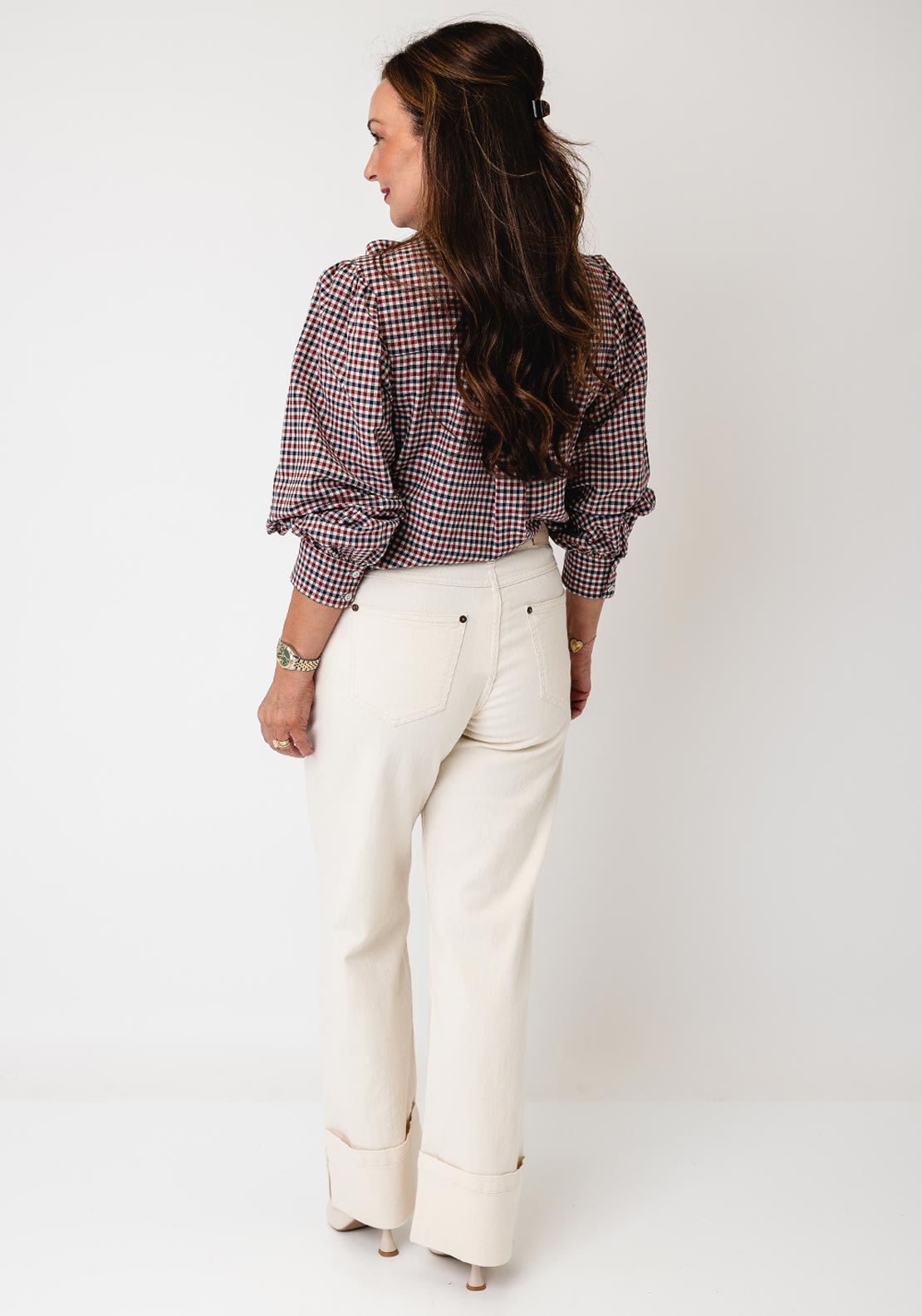 YERSE Checked Button Up with Scarf Detail Shirt, Blue Multi