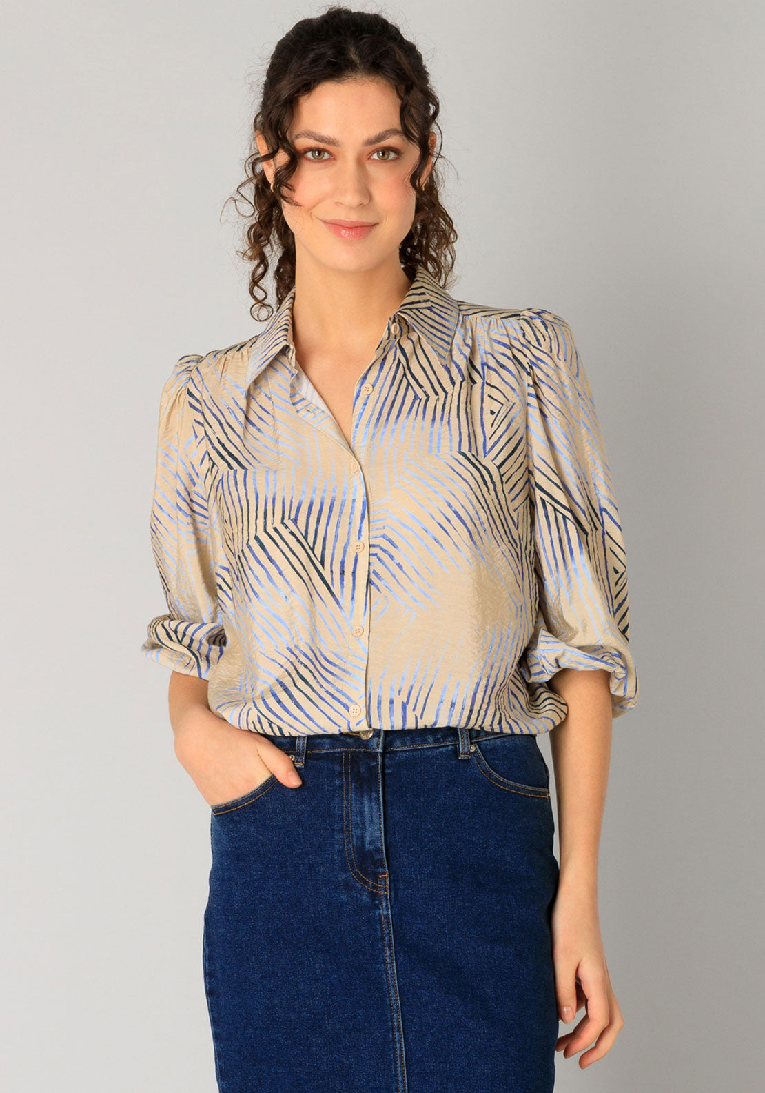 Yest Ragin Stripe Print Puff Sleeve Blouse, Beige