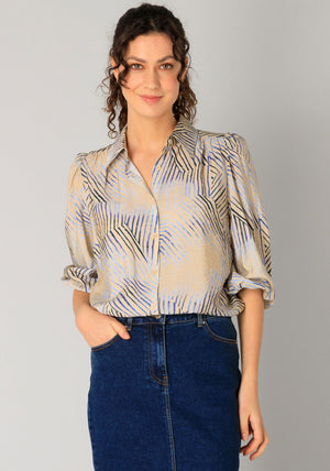 Yest Ragin Stripe Print Puff Sleeve Blouse, Beige