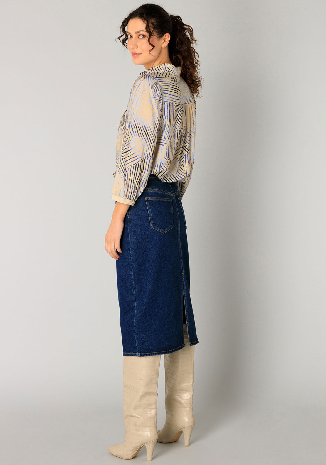 Yest Ragin Stripe Print Puff Sleeve Blouse, Beige
