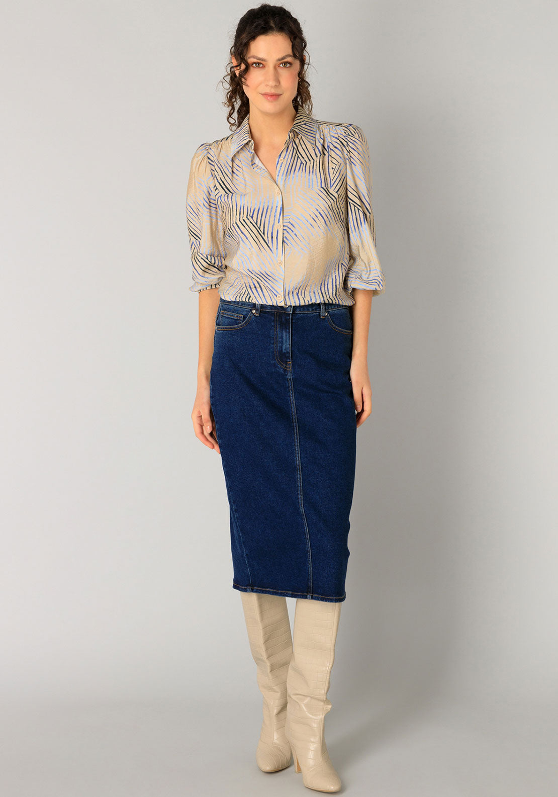 Yest Ragin Stripe Print Puff Sleeve Blouse, Beige