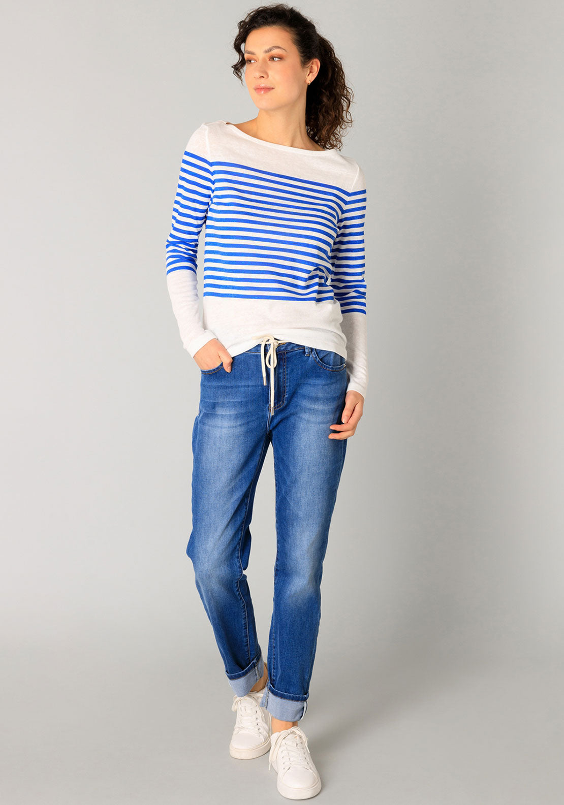 Yest Renate Striped Knit Long Sleeve Top, Off White & Blue