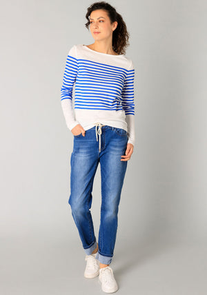 Yest Renate Striped Knit Long Sleeve Top, Off White & Blue