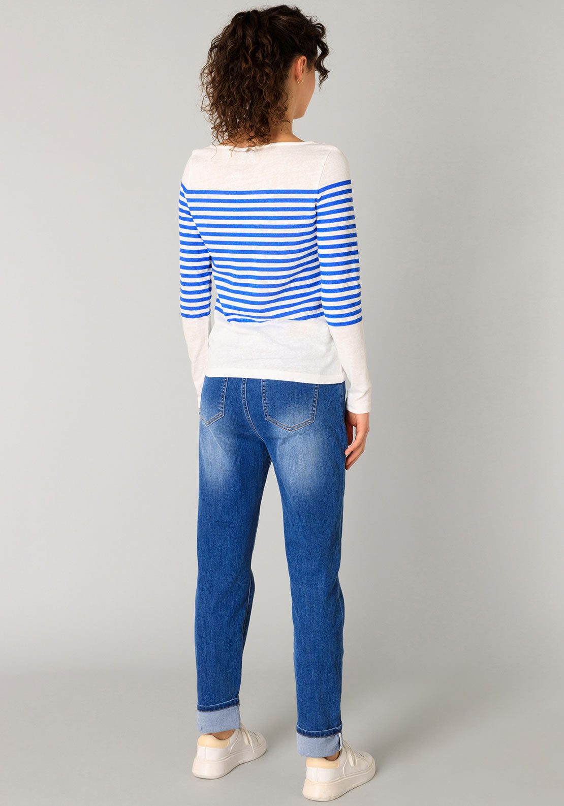 Yest Renate Striped Knit Long Sleeve Top, Off White & Blue