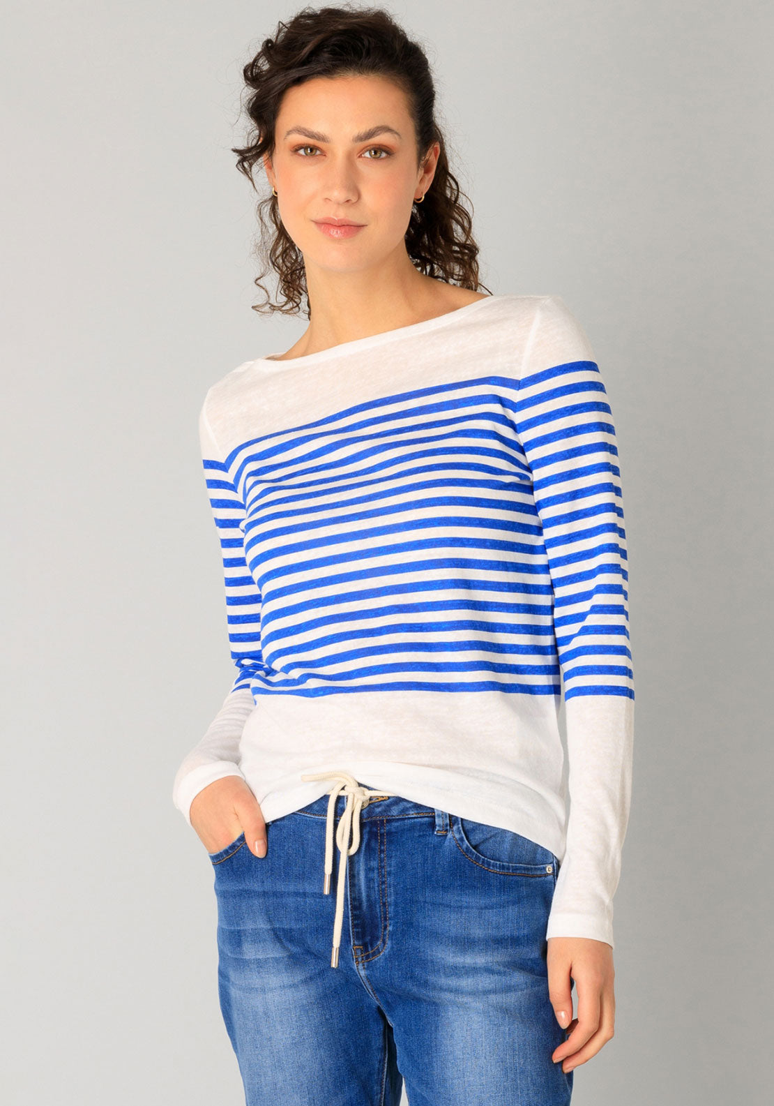 Yest Renate Striped Knit Long Sleeve Top, Off White & Blue