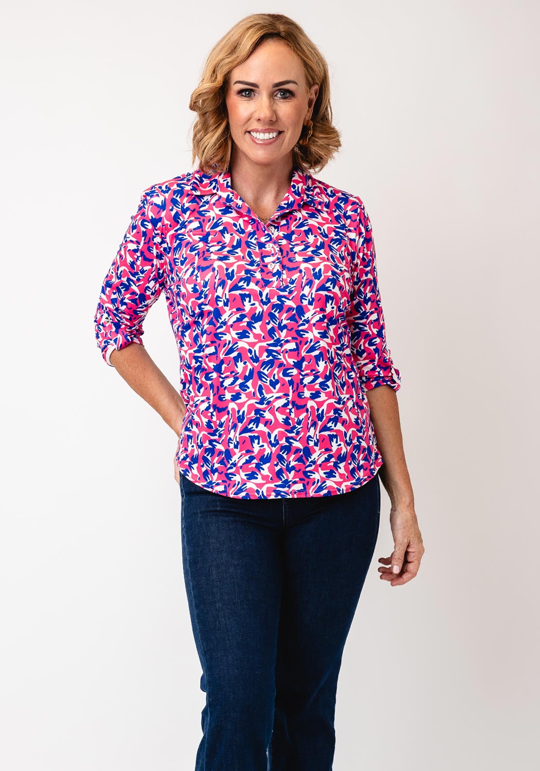 Yew Abstract Print Half Button Top, Pink and Blue