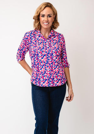 Yew Abstract Print Half Button Top, Pink and Blue