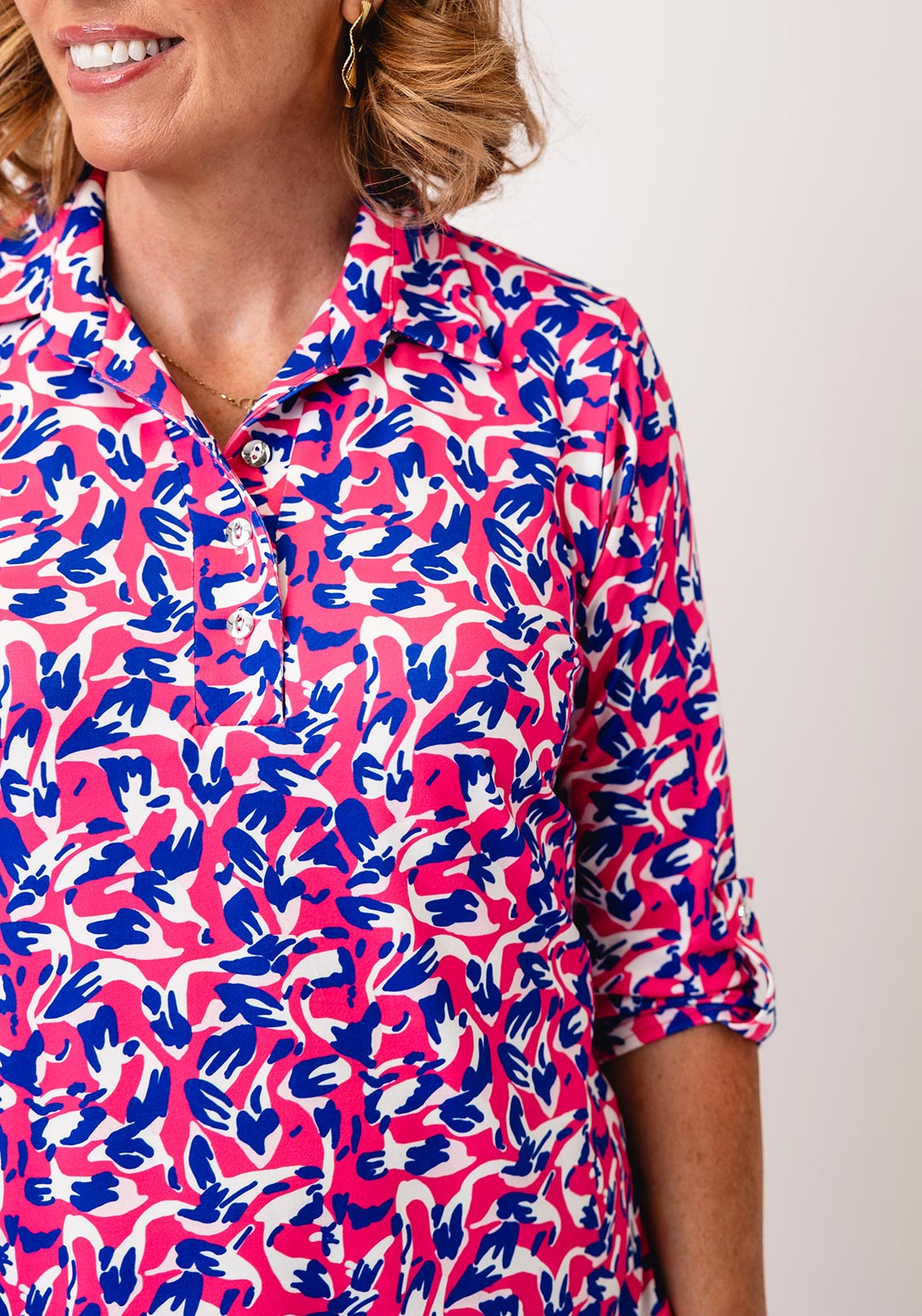 Yew Abstract Print Half Button Top, Pink and Blue