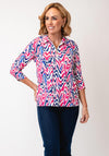 Yew Abstract Print Zip Front Blouse, Pink