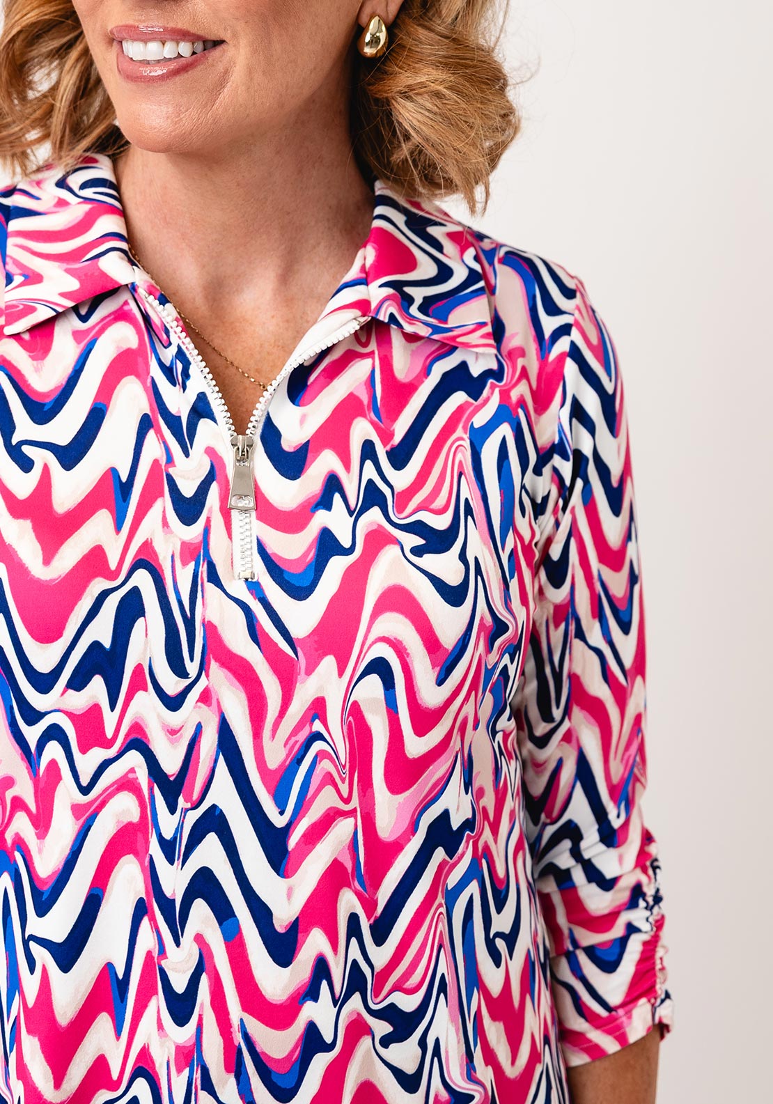 Yew Abstract Print Zip Front Blouse, Pink
