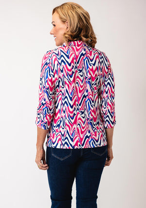 Yew Abstract Print Zip Front Blouse, Pink