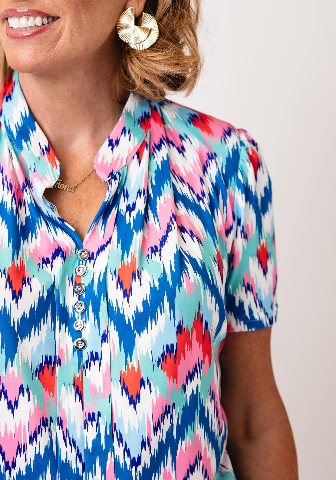 Yew Abstract Chevron Button Detail Top, Multi-Coloured