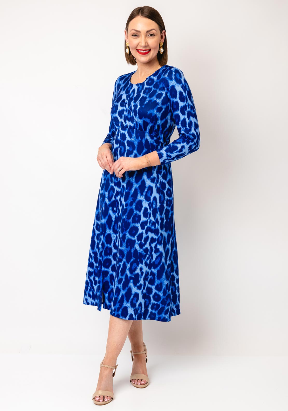 Yew Animal Print A Line Slinky Dress, Navy & Blue