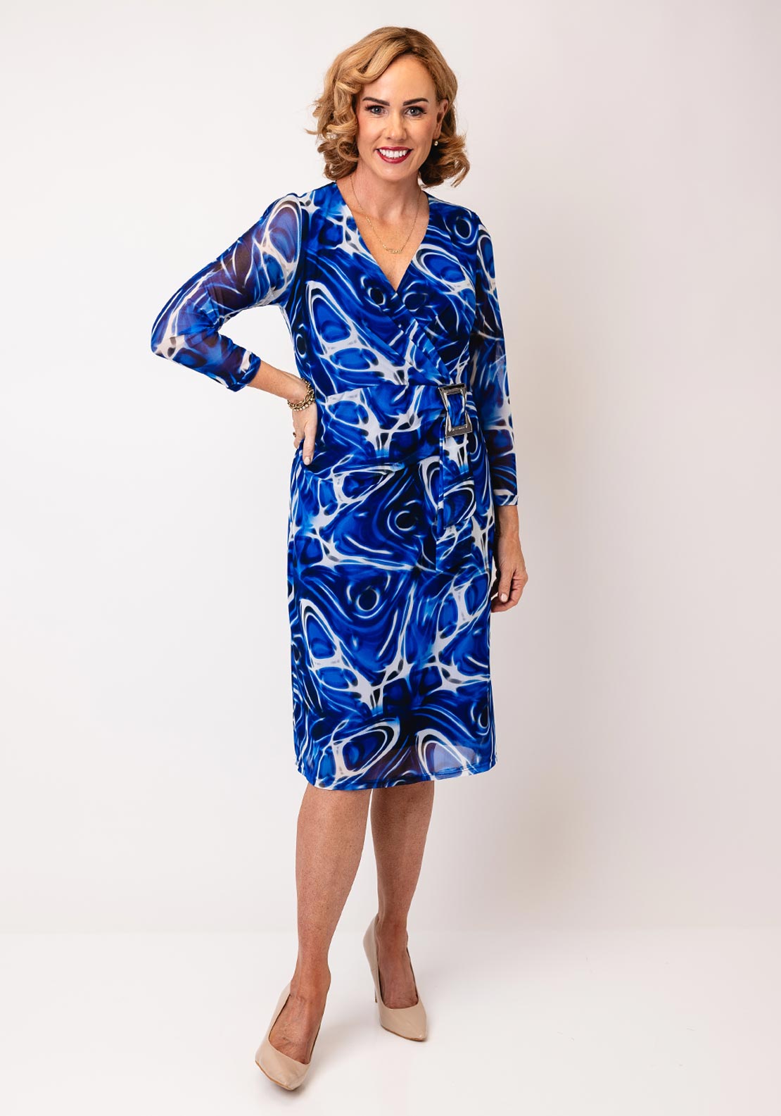 YEW Printed Mesh Wrap Pencil Dress, Blue