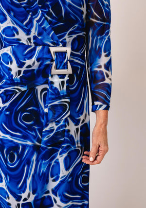 YEW Printed Mesh Wrap Pencil Dress, Blue