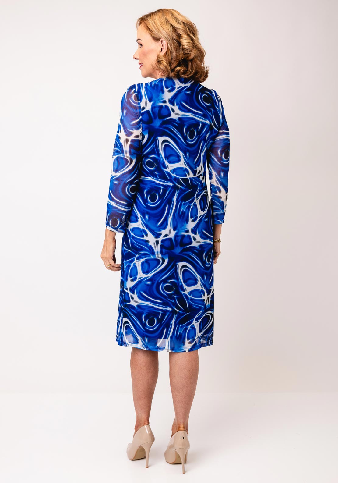 YEW Printed Mesh Wrap Pencil Dress, Blue