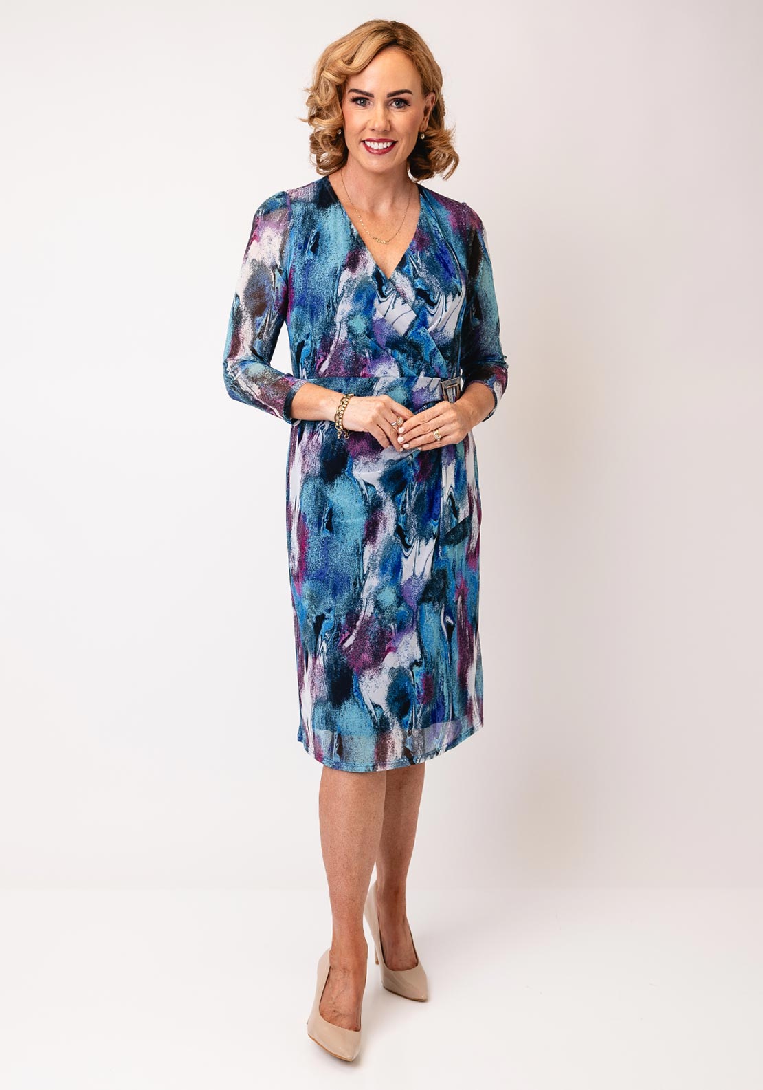 YEW Printed Mesh Wrap Pencil Dress, Blue Multi