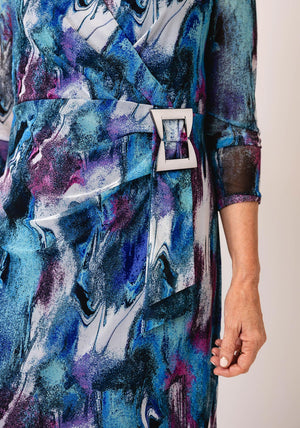 YEW Printed Mesh Wrap Pencil Dress, Blue Multi