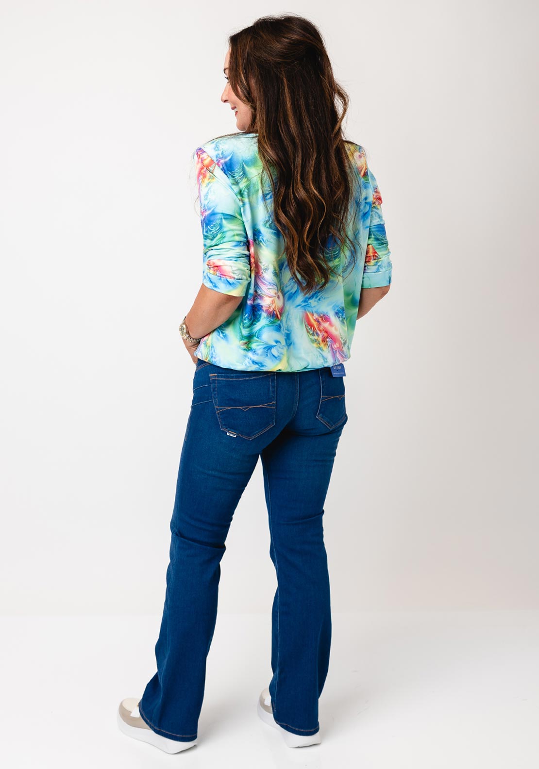 Yew Abstract Print Cropped Sleeve Top, Green Multi