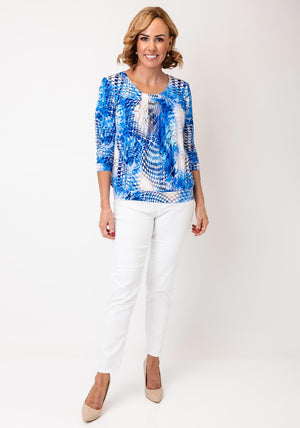 Yew Houndstooth Print Pleated Blouse, Blue