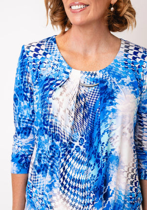 Yew Houndstooth Print Pleated Blouse, Blue