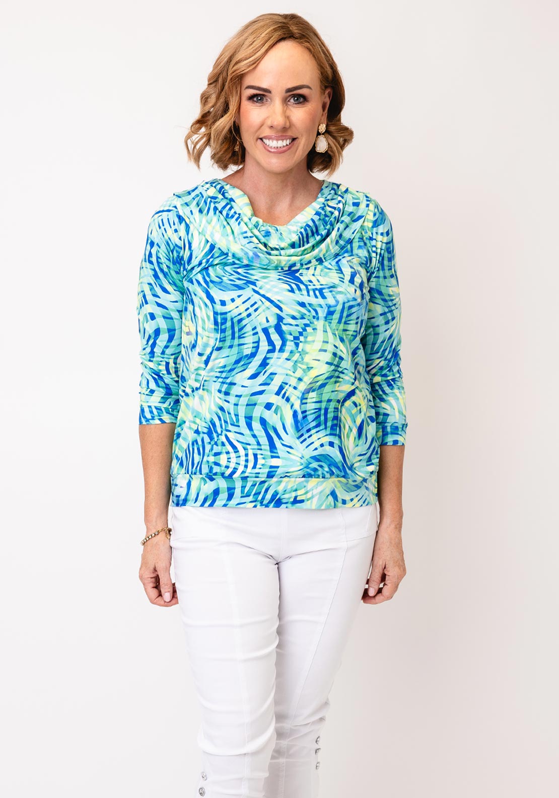 Yew Abstract Print Cowl Neck Top, Green