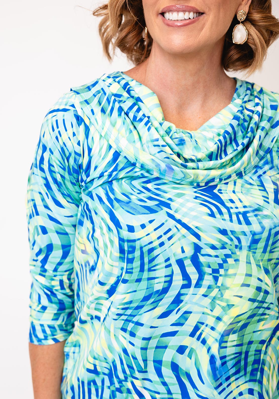 Yew Abstract Print Cowl Neck Top, Green